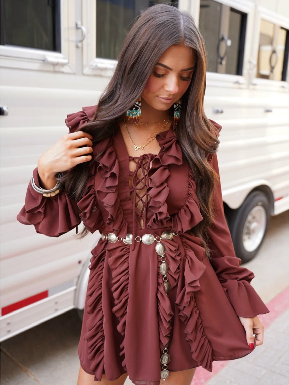Fall Soirée Ruffle Mini Dress- Chocolate - Picture 2 of 10